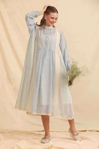 Buy_Dhaari_Blue Silk, Cotton High Neck Handwoven Dress And Slip Set _Online_at_Aza_Fashions