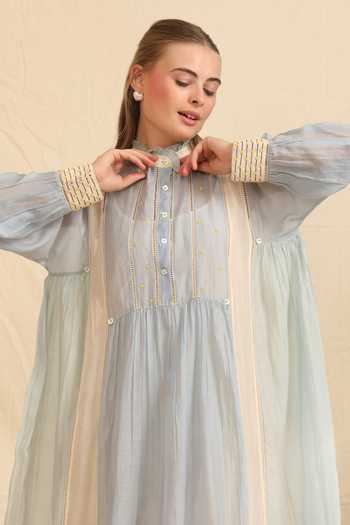 Shop_Dhaari_Blue Silk, Cotton High Neck Handwoven Dress And Slip Set _Online_at_Aza_Fashions