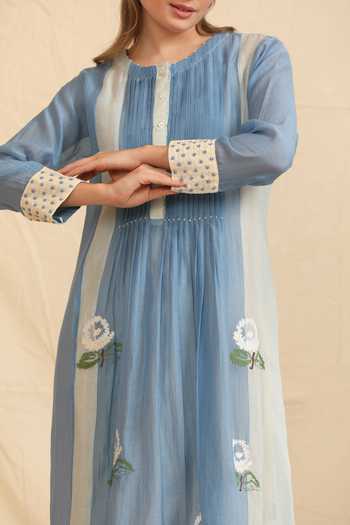 Dhaari_Blue Silk, Cotton Round Neck Handwoven Dress And Slip _Online_at_Aza_Fashions