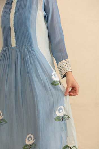 Buy_Dhaari_Blue Silk, Cotton Round Neck Handwoven Dress And Slip _Online_at_Aza_Fashions