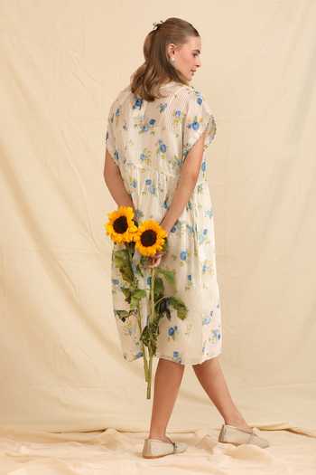 Dhaari_Blue Silk, Cotton Round Neck Handwoven Dress And Slip Set _Online_at_Aza_Fashions