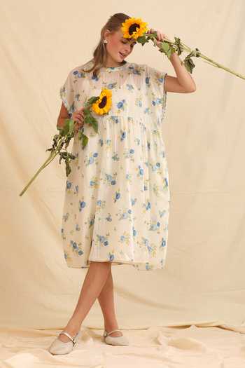 Buy_Dhaari_Blue Silk, Cotton Round Neck Handwoven Dress And Slip Set _Online_at_Aza_Fashions