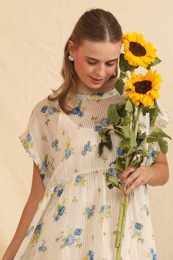 Shop_Dhaari_Blue Silk, Cotton Round Neck Handwoven Dress And Slip Set _Online_at_Aza_Fashions