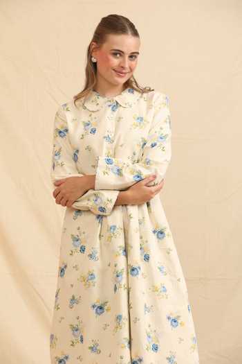 Dhaari_Blue Silk, Cotton Mandarin Collar Hand Painted Handwoven Dress _Online_at_Aza_Fashions