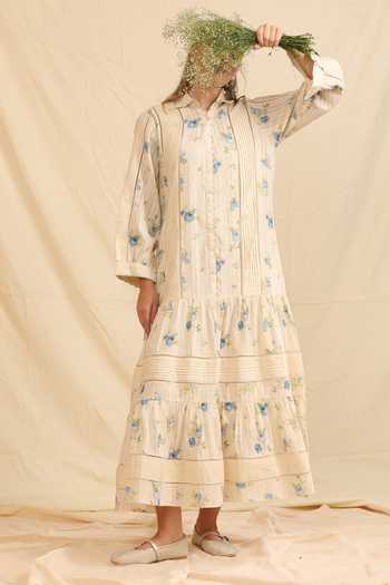 Dhaari_Blue Silk, Cotton Mandarin Collar Hand Painted Handwoven Dress _Online_at_Aza_Fashions