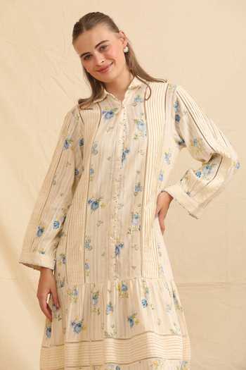 Buy_Dhaari_Blue Silk, Cotton Mandarin Collar Hand Painted Handwoven Dress _Online_at_Aza_Fashions