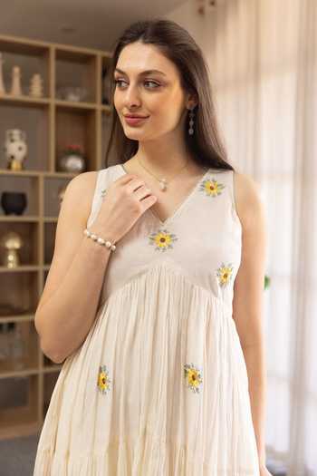 ASRUMO_Off White Voile, Cotton V-neck Embroidered Motif Anarkali Set _Online_at_Aza_Fashions