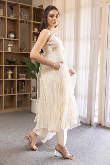 Buy_ASRUMO_Off White Voile, Cotton V-neck Embroidered Motif Anarkali Set _Online_at_Aza_Fashions