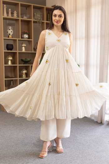 Shop_ASRUMO_Off White Voile, Cotton V-neck Embroidered Motif Anarkali Set _Online_at_Aza_Fashions