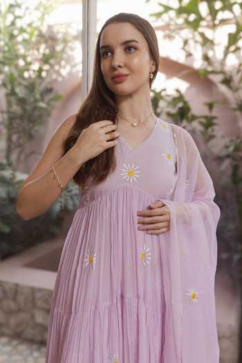 ASRUMO_Purple Voile, Cotton V-neck Embroidered Motif Gathered Anarkali Set _Online_at_Aza_Fashions