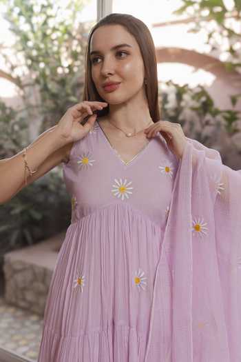 Buy_ASRUMO_Purple Voile, Cotton V-neck Embroidered Motif Gathered Anarkali Set _Online_at_Aza_Fashions