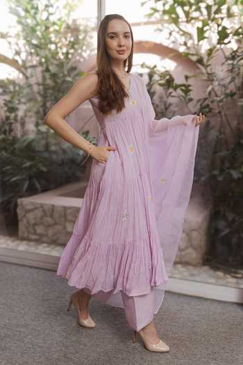 Shop_ASRUMO_Purple Voile, Cotton V-neck Embroidered Motif Gathered Anarkali Set _Online_at_Aza_Fashions