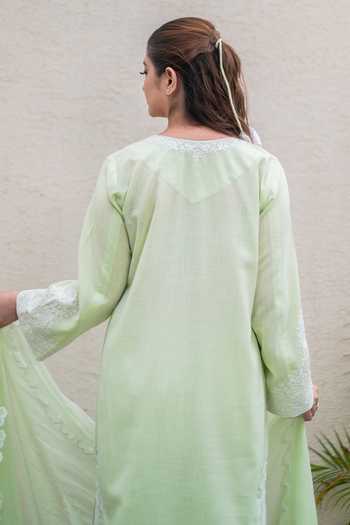 Shop_Daljit Sudan_Green Cotton, Organza Keyhole Neck, Yes Placed Embroidered Kurta Set _Online_at_Aza_Fashions