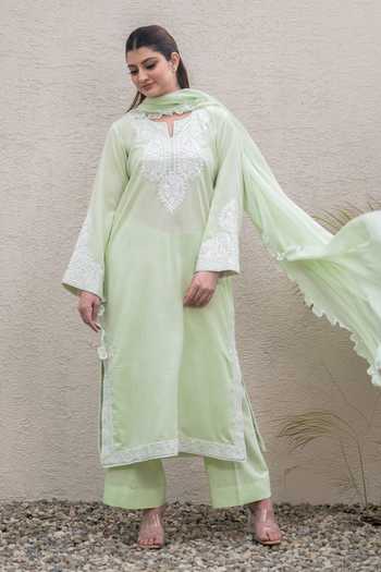 Shop_Daljit Sudan_Green Cotton, Organza Keyhole Neck, Yes Placed Embroidered Kurta Set 