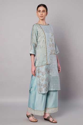 Doux Amour_Blue Cotton, Chanderi, Tissue Spring Collage Embroidered Kurta And Palazzo Set _Online_at_Aza_Fashions
