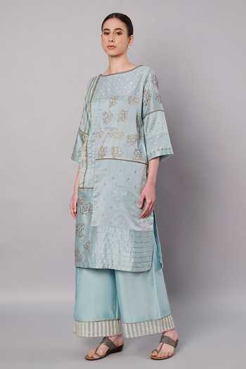 Buy_Doux Amour_Blue Cotton, Chanderi, Tissue Spring Collage Embroidered Kurta And Palazzo Set _Online_at_Aza_Fashions