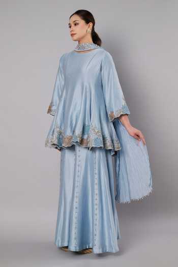Doux Amour_Blue Chanderi Round Neck, Yes Meadow Border Embroidered Kurta Sharara Set _Online_at_Aza_Fashions