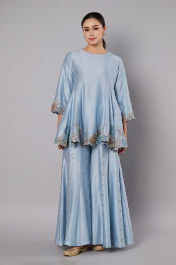 Buy_Doux Amour_Blue Chanderi Round Neck, Yes Meadow Border Embroidered Kurta Sharara Set _Online_at_Aza_Fashions