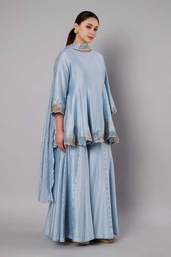 Shop_Doux Amour_Blue Chanderi Round Neck, Yes Meadow Border Embroidered Kurta Sharara Set _Online_at_Aza_Fashions