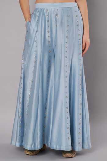 Doux Amour_Blue Chanderi Round Neck, Yes Meadow Border Embroidered Kurta Sharara Set _at_Aza_Fashions