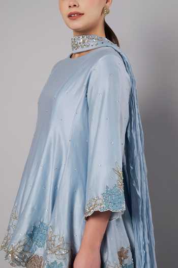 Buy_Doux Amour_Blue Chanderi Round Neck, Yes Meadow Border Embroidered Kurta Sharara Set 