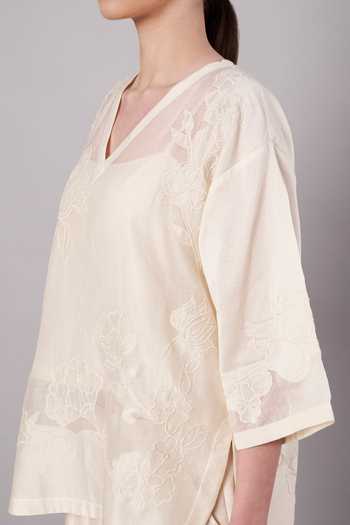Doux Amour_Ivory Chanderi, Satin, Modal V-neck Garden Sheer Top And Pant Set _Online_at_Aza_Fashions