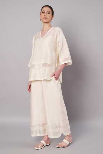 Buy_Doux Amour_Ivory Chanderi, Satin, Modal V-neck Garden Sheer Top And Pant Set _Online_at_Aza_Fashions