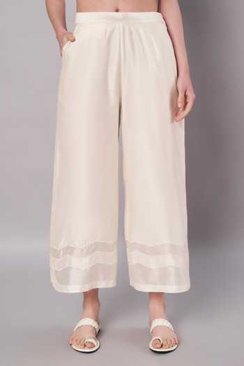Shop_Doux Amour_Ivory Chanderi, Satin, Modal V-neck Garden Sheer Top And Pant Set _Online_at_Aza_Fashions