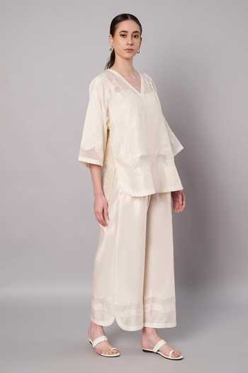 Doux Amour_Ivory Chanderi, Satin, Modal V-neck Garden Sheer Top And Pant Set _at_Aza_Fashions