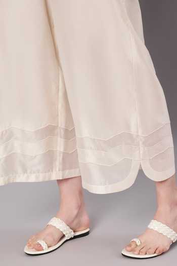 Buy_Doux Amour_Ivory Chanderi, Satin, Modal V-neck Garden Sheer Top And Pant Set 