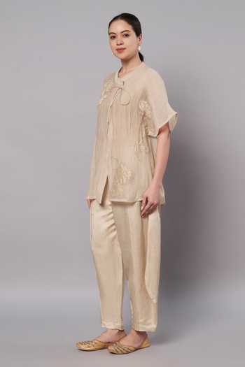 Doux Amour_Gold Chanderi, Satin, Linen, Modal Round Florette Embroidered Top And Pant Set _Online_at_Aza_Fashions