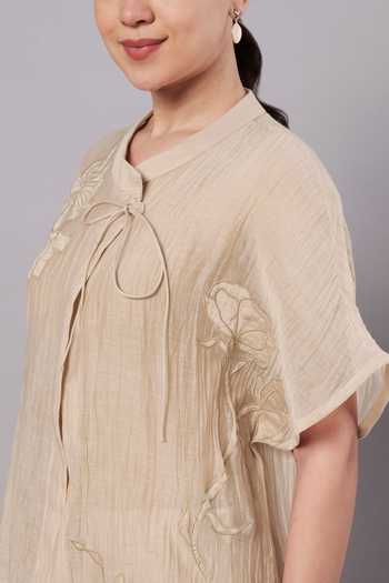 Buy_Doux Amour_Gold Chanderi, Satin, Linen, Modal Round Florette Embroidered Top And Pant Set _Online_at_Aza_Fashions