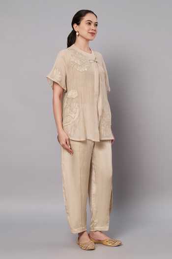 Shop_Doux Amour_Gold Chanderi, Satin, Linen, Modal Round Florette Embroidered Top And Pant Set _Online_at_Aza_Fashions