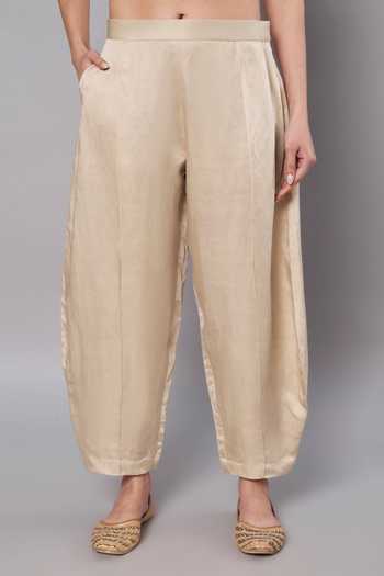 Doux Amour_Gold Chanderi, Satin, Linen, Modal Round Florette Embroidered Top And Pant Set _at_Aza_Fashions