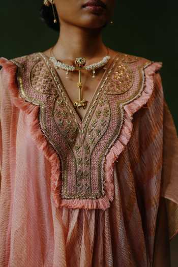Alam By Tulsi Patel_Pink Silk, Cotton, Tissue V-neck Yasmin Embroidered Yoke Kaftan And Pant Set _Online_at_Aza_Fashions