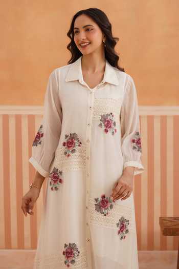 OMI_Pink Chanderi Embroidery Collared Mul Kurta And Pant Set _Online_at_Aza_Fashions