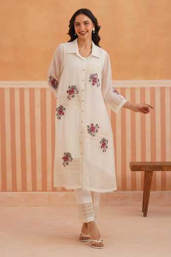 Shop_OMI_Pink Chanderi Embroidery Collared Mul Kurta And Pant Set _Online_at_Aza_Fashions