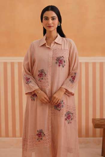 Buy_OMI_Pink Chanderi, Cotton Satin Embroidery Collared, Yes Mul Kurta And Pant Set _Online_at_Aza_Fashions