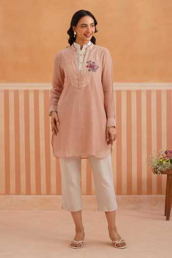 OMI_Pink Chanderi Embroidery Mandarin Collar, Yes Mul Kurta And Slip Set _Online_at_Aza_Fashions