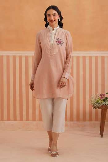 Buy_OMI_Pink Chanderi Embroidery Mandarin Collar, Yes Mul Kurta And Slip Set _Online_at_Aza_Fashions