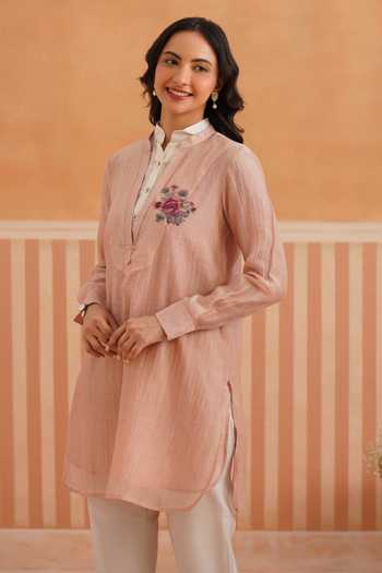 Shop_OMI_Pink Chanderi Embroidery Mandarin Collar, Yes Mul Kurta And Slip Set _Online_at_Aza_Fashions