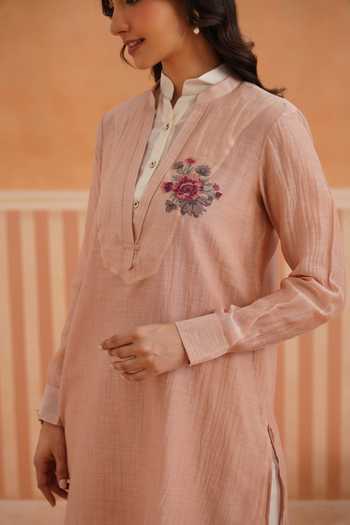 OMI_Pink Chanderi Embroidery Mandarin Collar, Yes Mul Kurta And Slip Set _at_Aza_Fashions