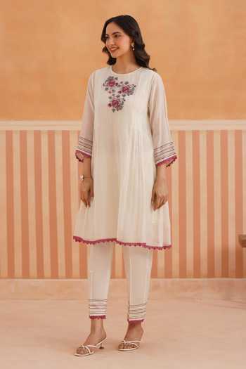 Shop_OMI_Pink Chanderi Embroidery Round Neck Mul Kurta And Pant Set _Online_at_Aza_Fashions