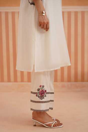 OMI_Pink Chanderi Embroidery Mandarin Collar, Yes Mul Kurta And Pant Set _Online_at_Aza_Fashions