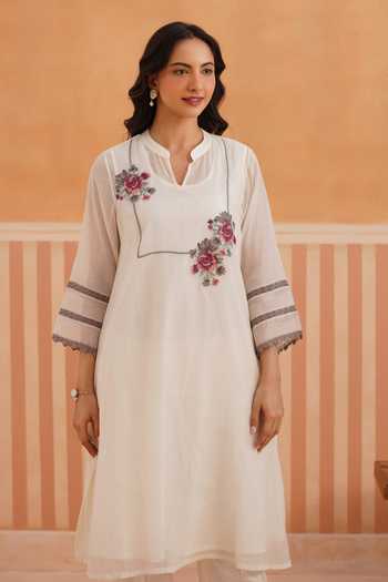 Buy_OMI_Pink Chanderi Embroidery Mandarin Collar, Yes Mul Kurta And Pant Set _Online_at_Aza_Fashions