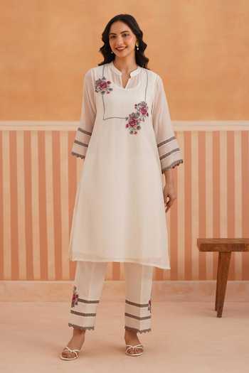 Shop_OMI_Pink Chanderi Embroidery Mandarin Collar, Yes Mul Kurta And Pant Set _Online_at_Aza_Fashions