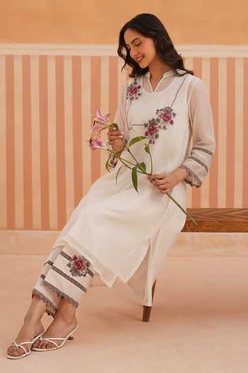 OMI_Pink Chanderi Embroidery Mandarin Collar, Yes Mul Kurta And Pant Set _at_Aza_Fashions