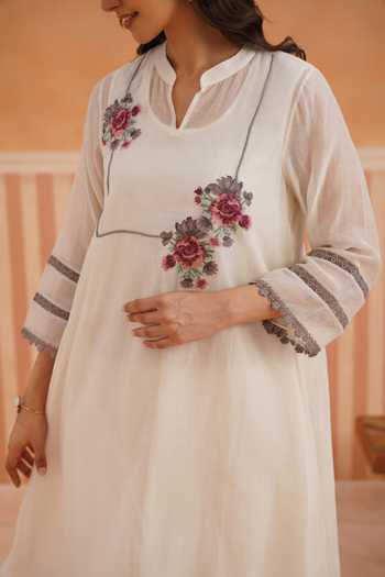 Buy_OMI_Pink Chanderi Embroidery Mandarin Collar, Yes Mul Kurta And Pant Set 