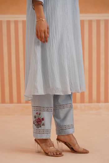 Buy_OMI_Blue Chanderi, Cotton Satin Embroidery Split V-neck, Yes Mul Kurta And Pant Set 