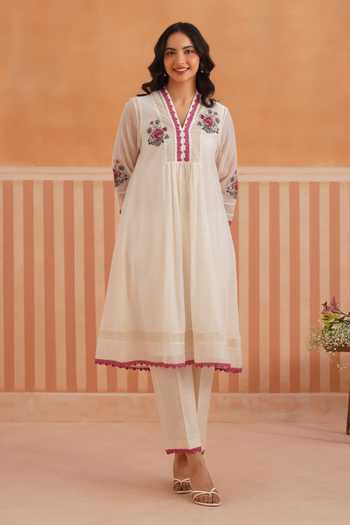 Shop_OMI_Pink Chanderi, Cotton Satin Embroidery V-neck, Yes Mul Kurta And Pant Set _Online_at_Aza_Fashions